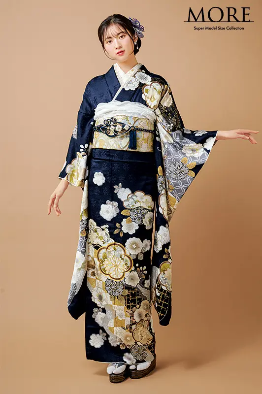 エレガント豪華な総刺繍お振袖　25点フルセット　老舗呉服店誂製　ガード付き 正統派古典 紺(ブルー) 牡丹柄/柄多め 華やか古典振袖 鮮やか